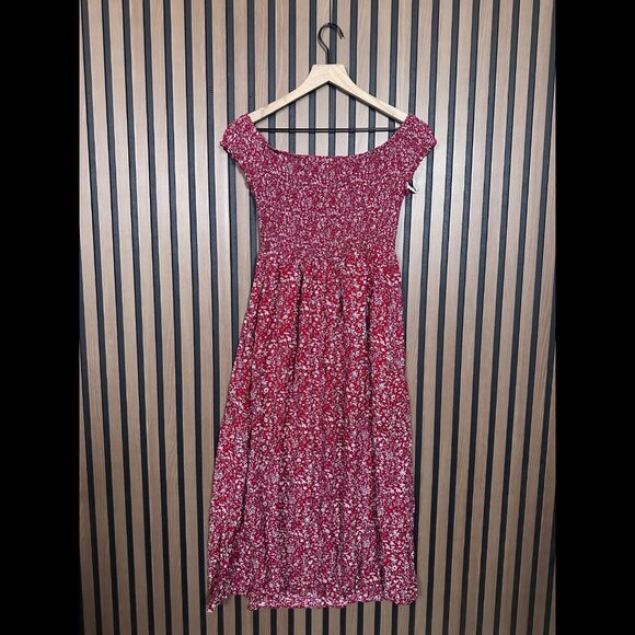 Shein Dress 0XL Womens Red Maxi Smocked Floral Short Sleeve Flowy - Picture 2 of 6